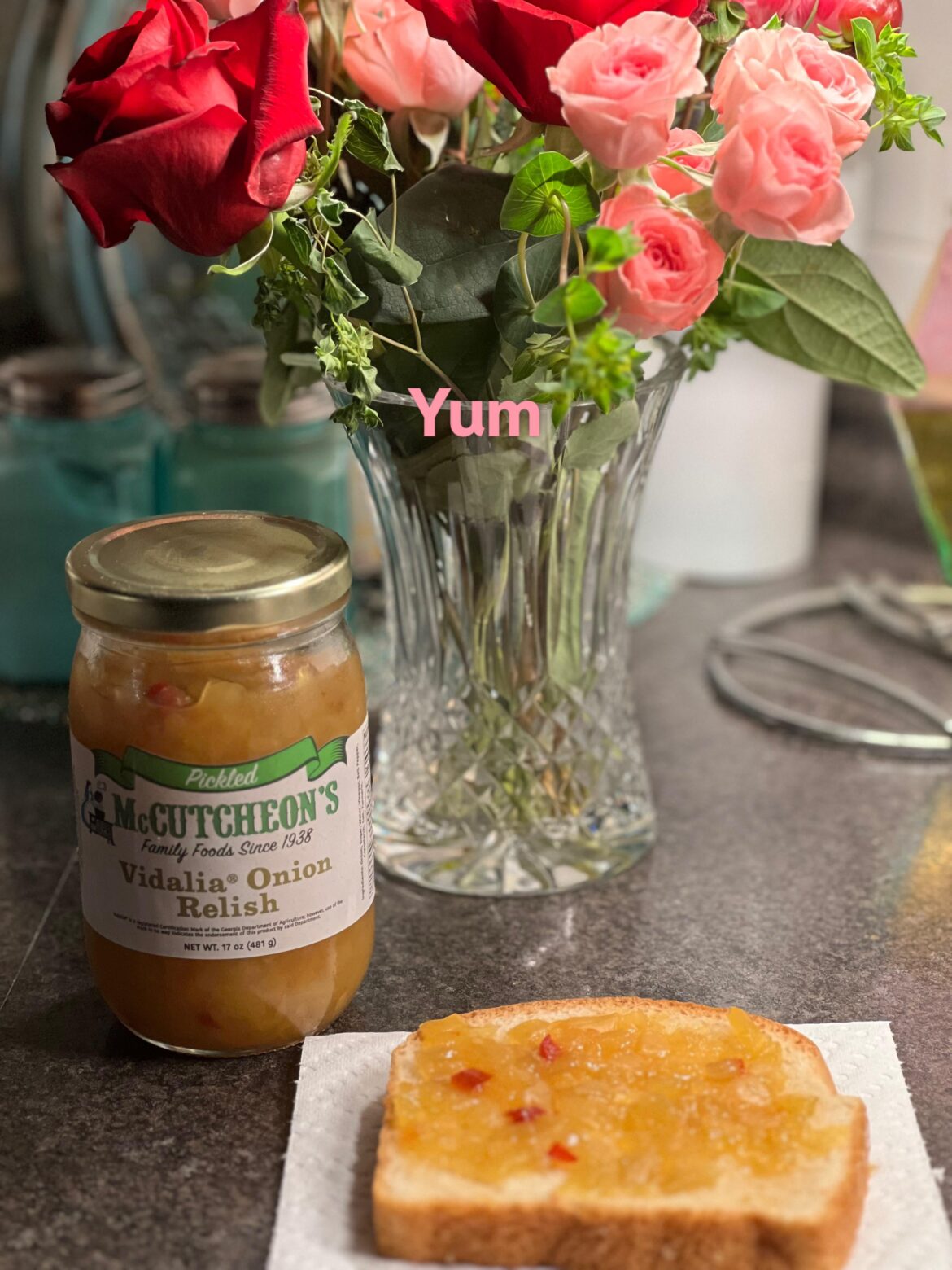 Vidalia onion relish and fresh white bread.