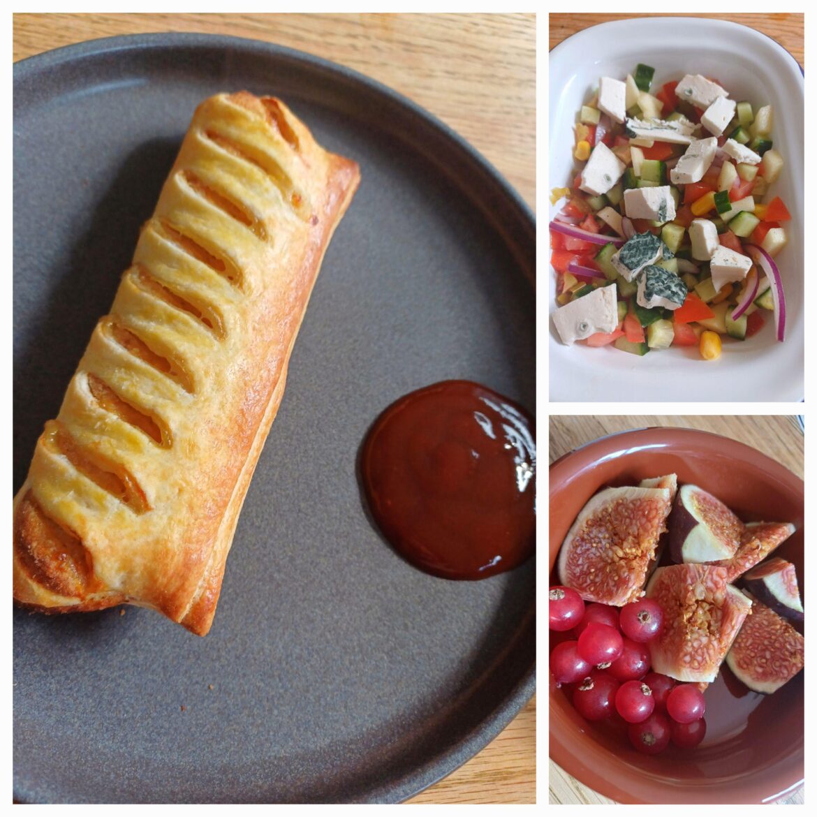 Sausage roll, blue cheese salad and figs and red currants (442 calories)