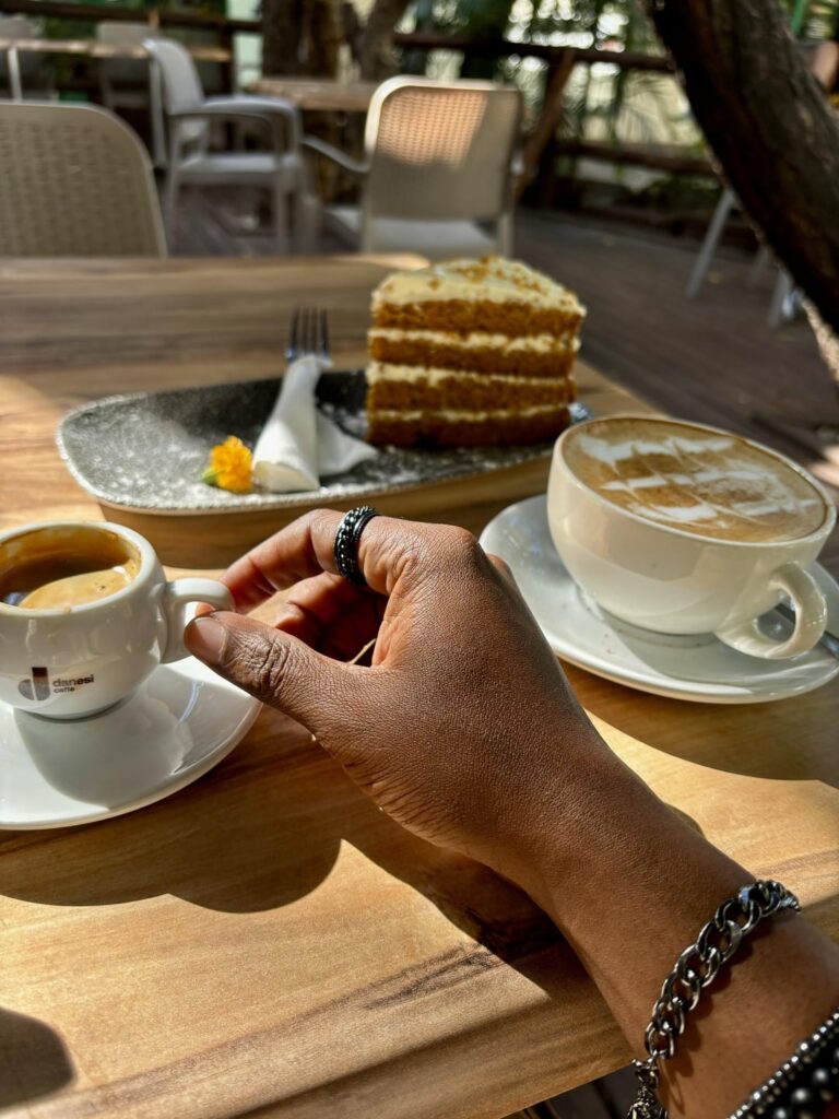 A creamy cappuccino with an espresso and some carrot cake. Thorn Tree in Francistown, Gaborone.