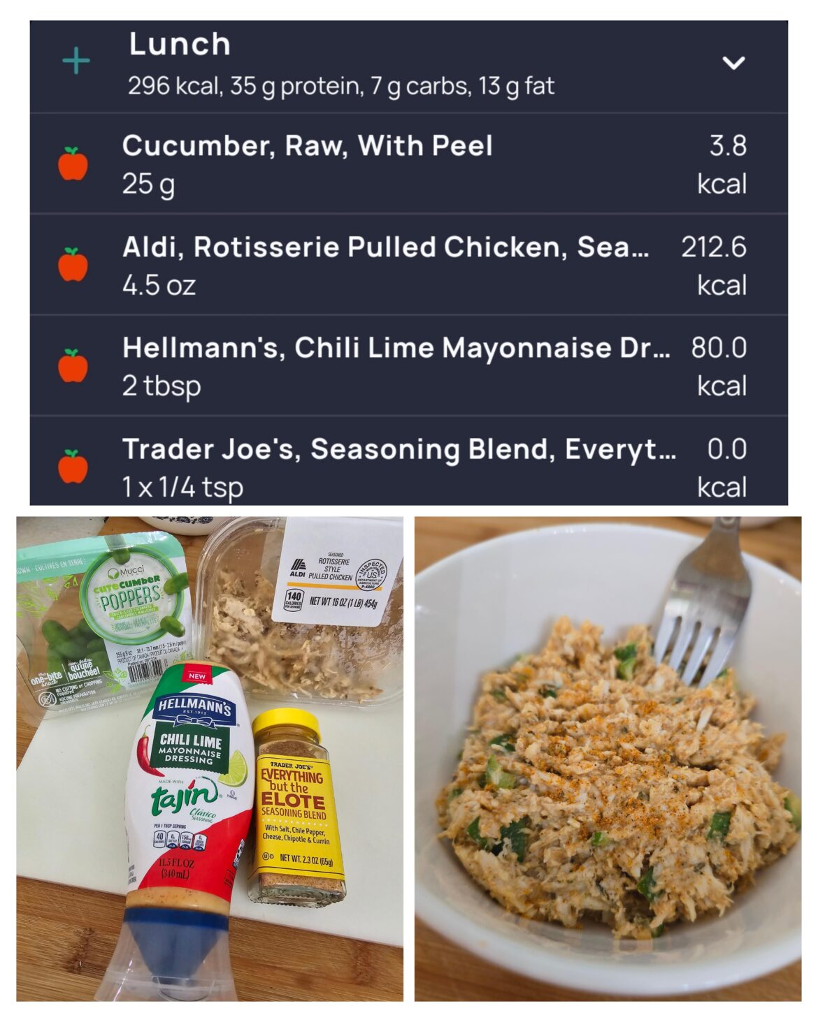 Elote seasoned chicken salad - under 300 calories- 35g protein - 7g carbs