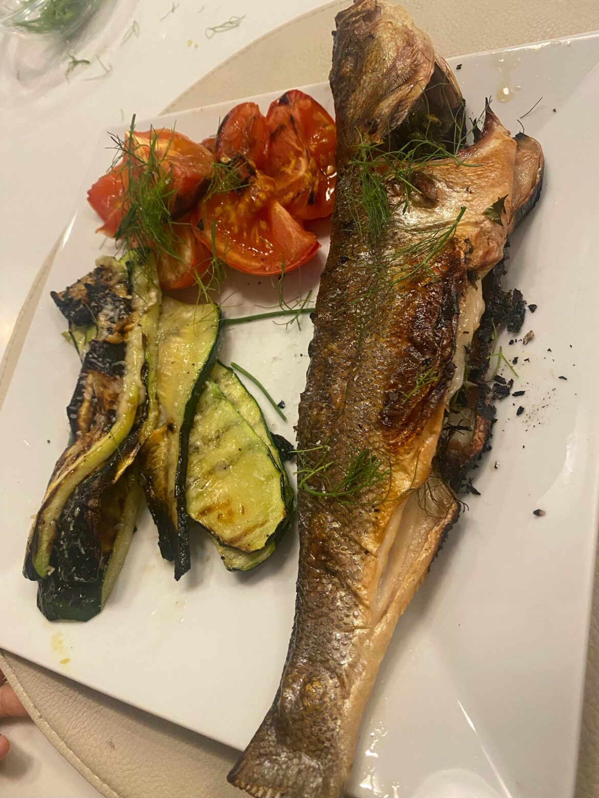 Grilled barramundi with fennel and grilled zucchini with tomatoes. Garlic parsley salt and pepper with olive oil.