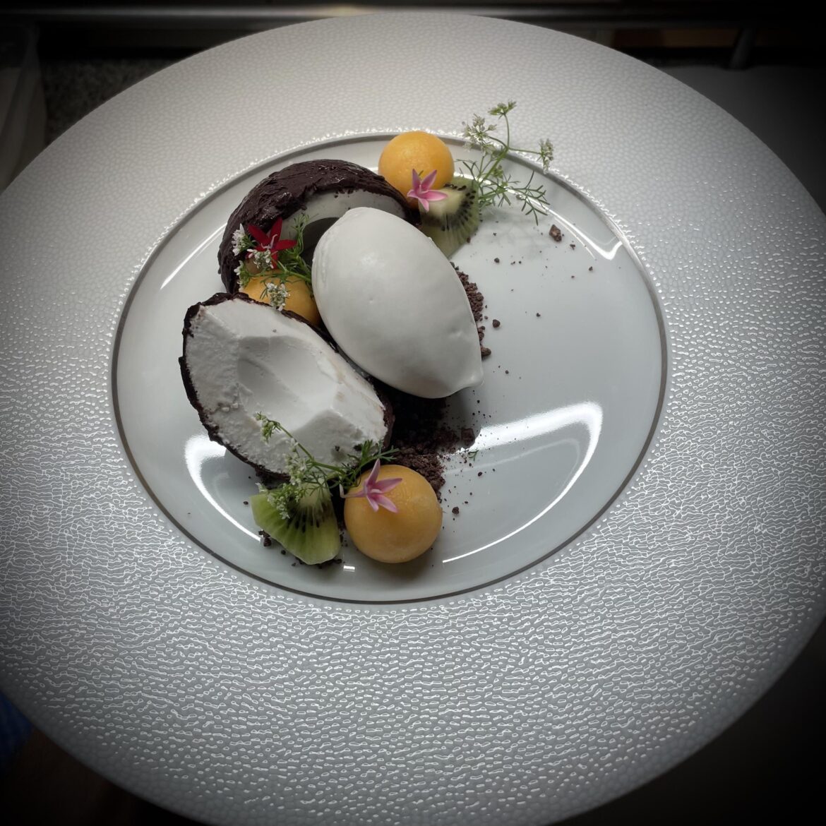 Coconut Parfait. Dark Chocolate. Coconut & Lime Sorbet. Chocolate Soil. Fruit.