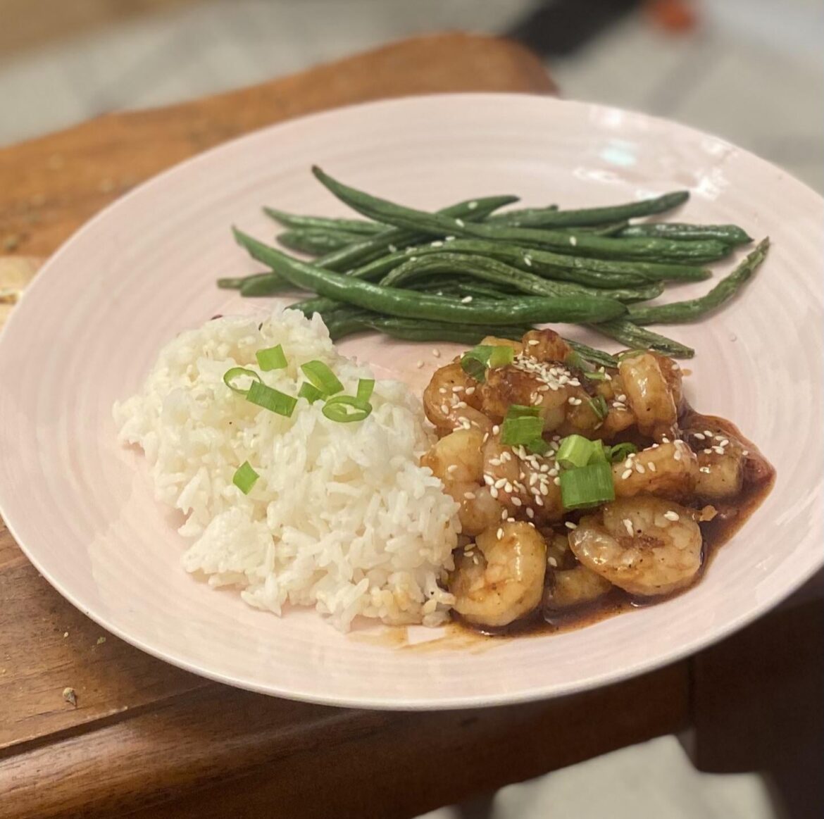 Sweet Soy Honey Shrimp (opted out Chicken) with green beans and jasmine rice