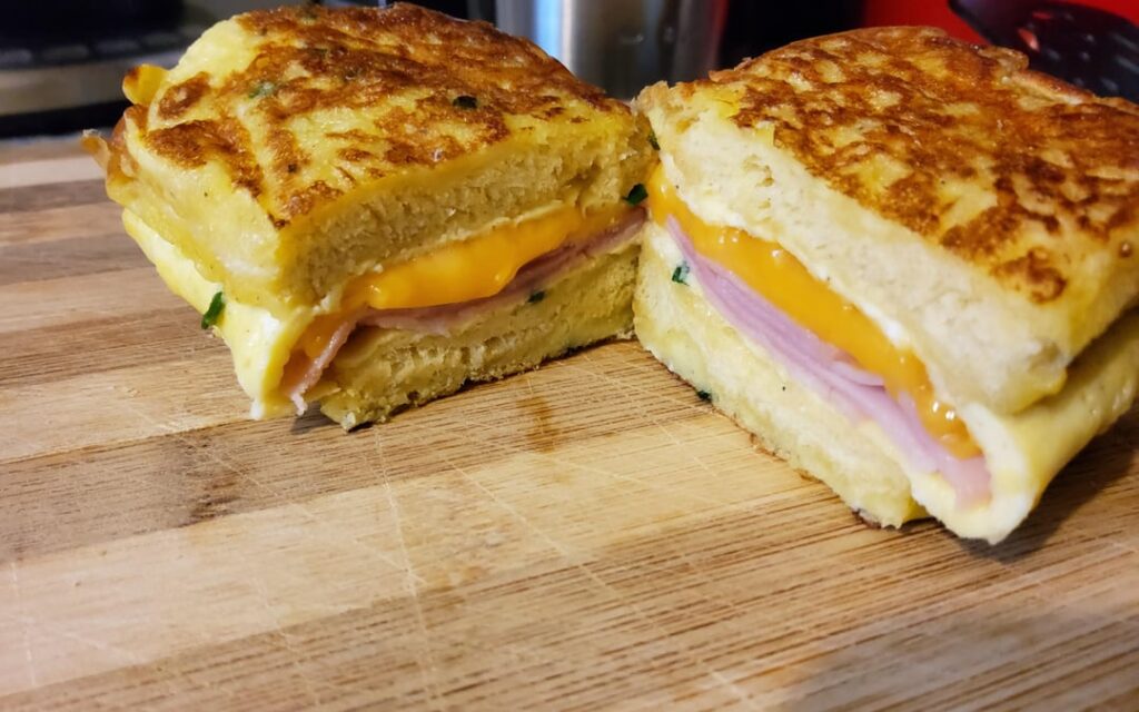 One pan egg toast made with ham and cheddar.