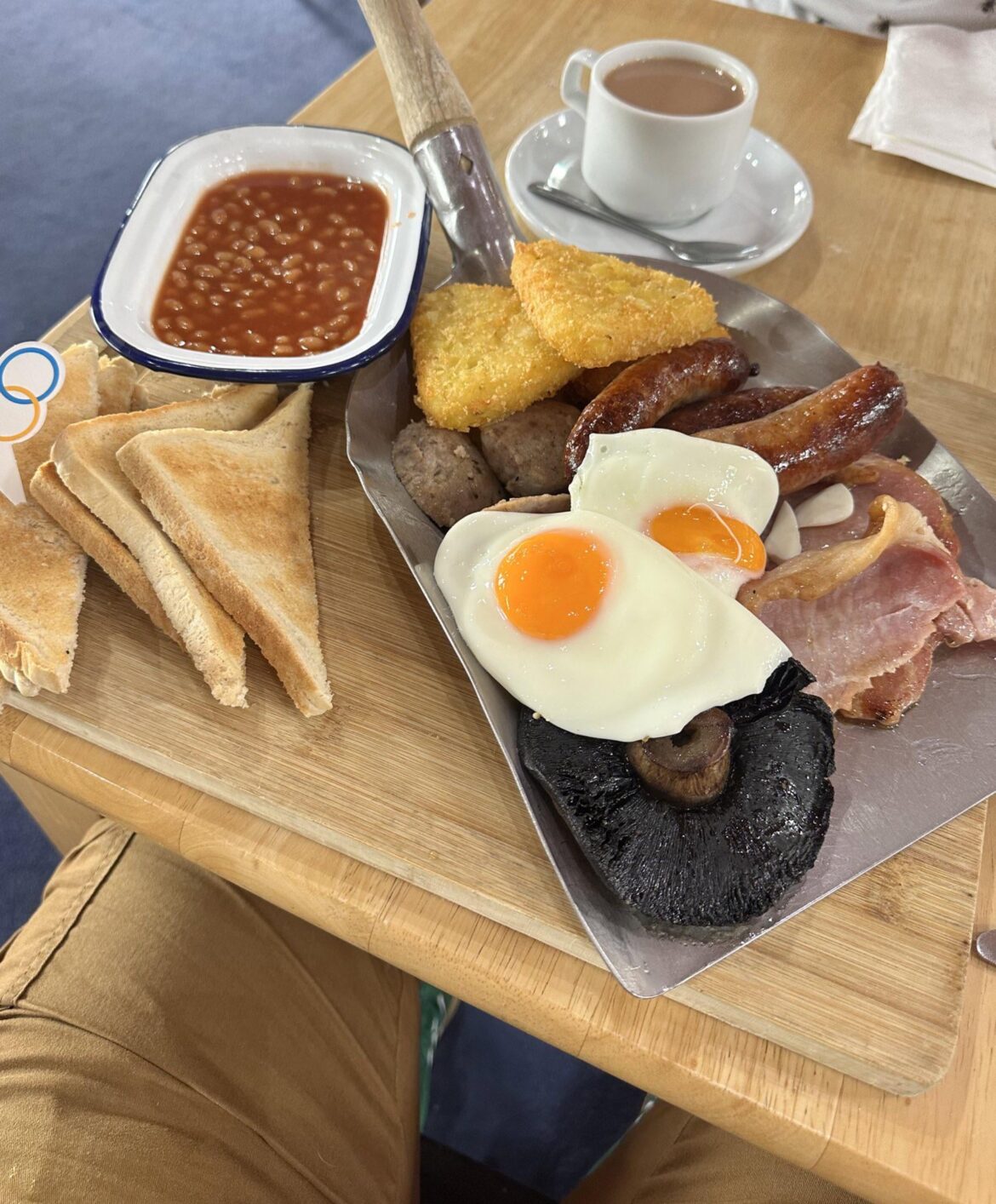 Full English breakfast served on a spade