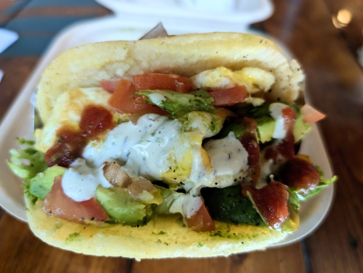 A breakfast arepa from Espumoso Empanada + Espresso Bar in Dallas, TX