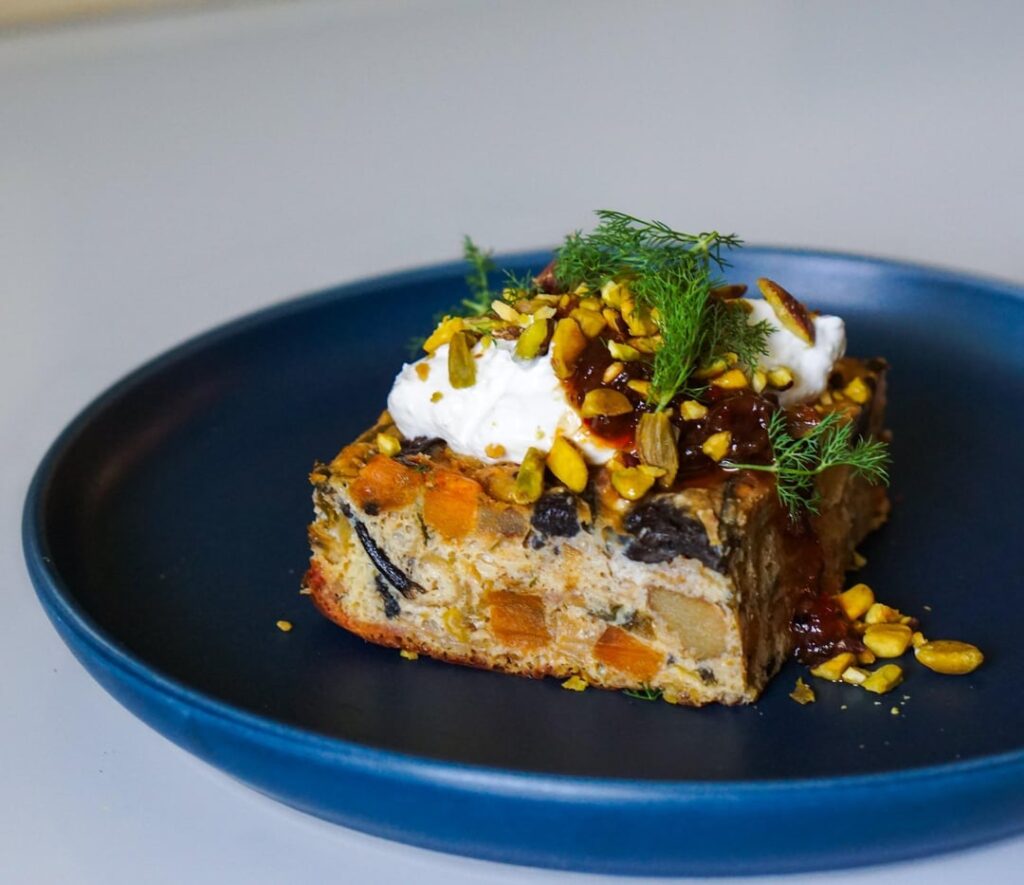 Vegetable Frittata, roasted chili, whipped goat cheese/labne, pistachio and dill
