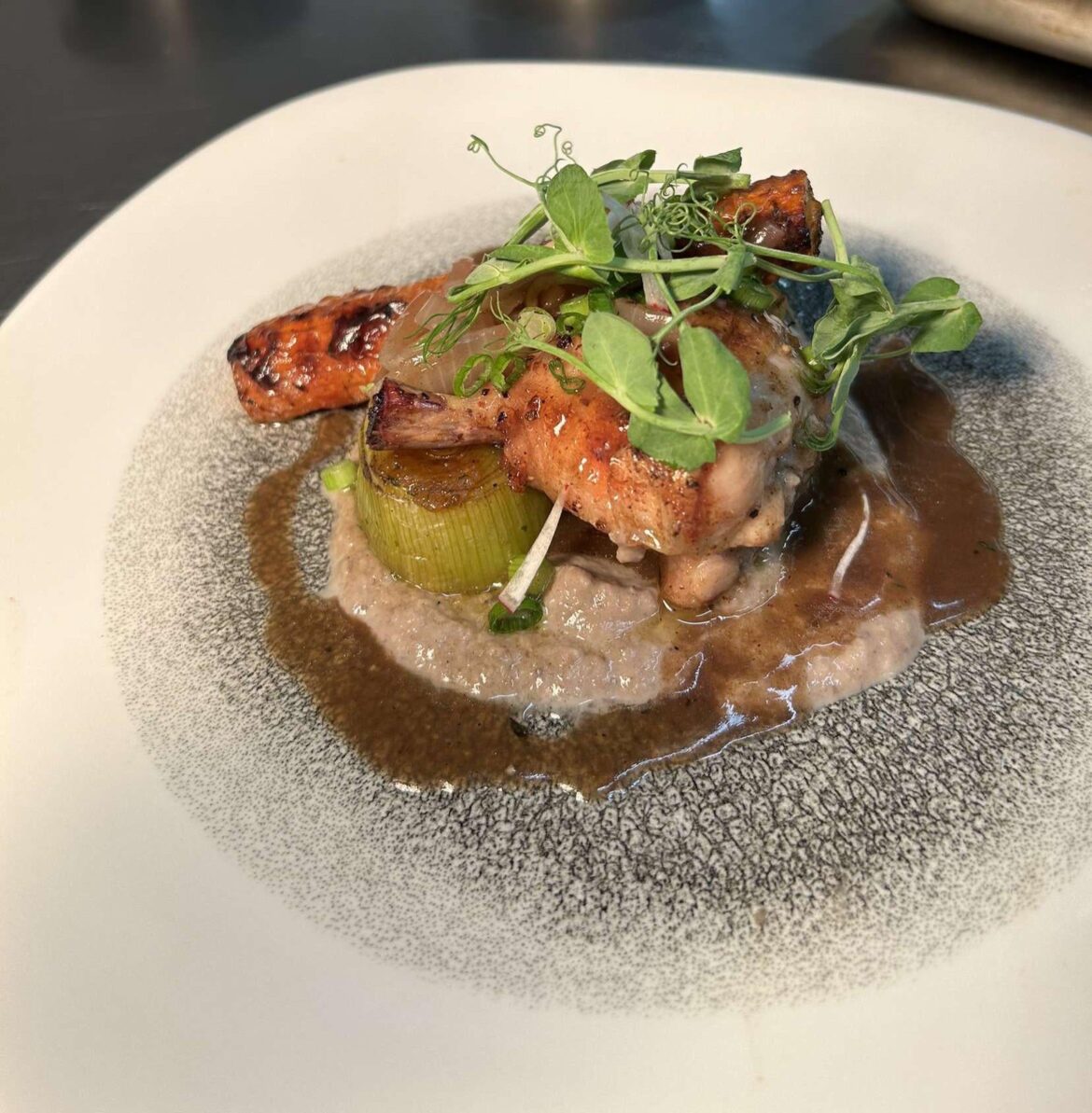 Roast chicken, braised leek