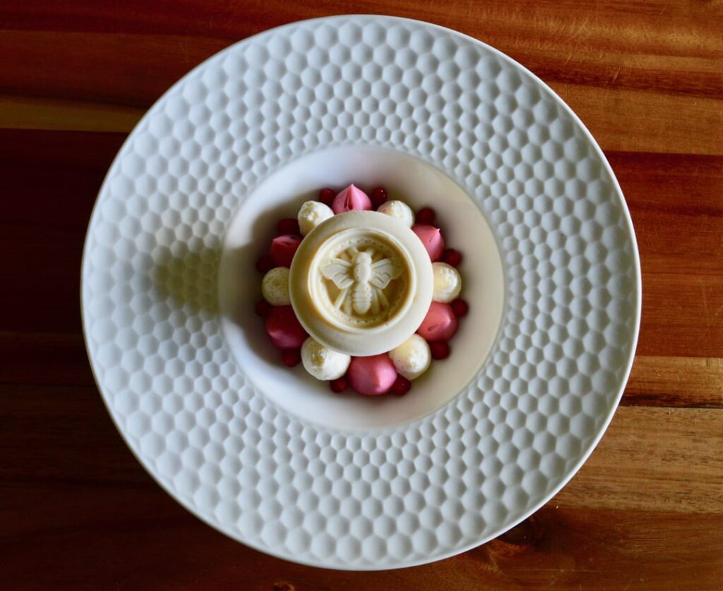 Milk & Honey. Tres Leches, Honey Cheesecake, Ruby Chocolate Cremeux, Raspberry Jam