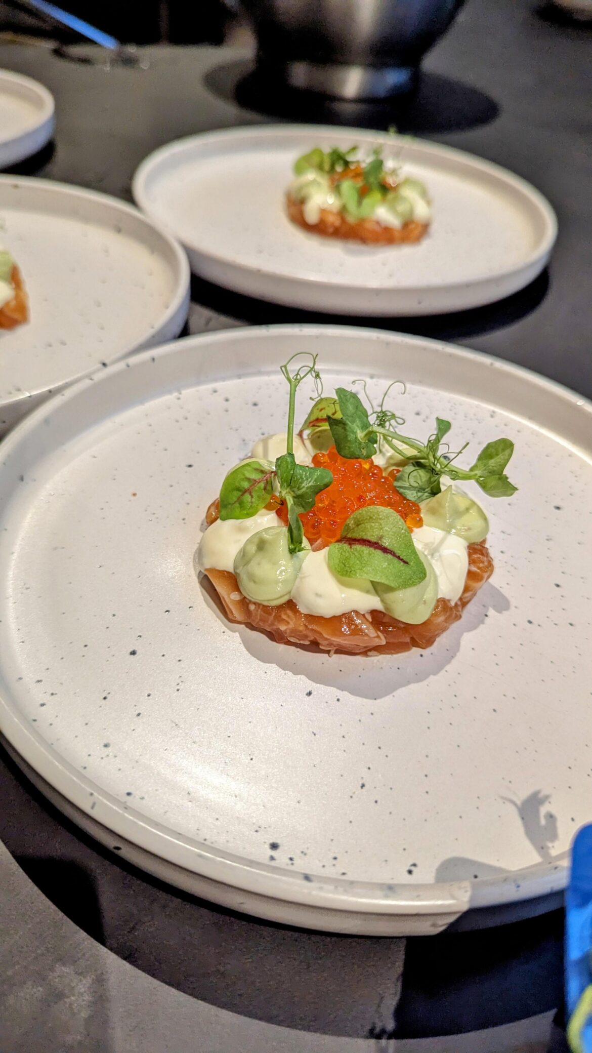 Salmon, sesame and sesame oil, wasabi avocado crème, lime mayo, trout roe