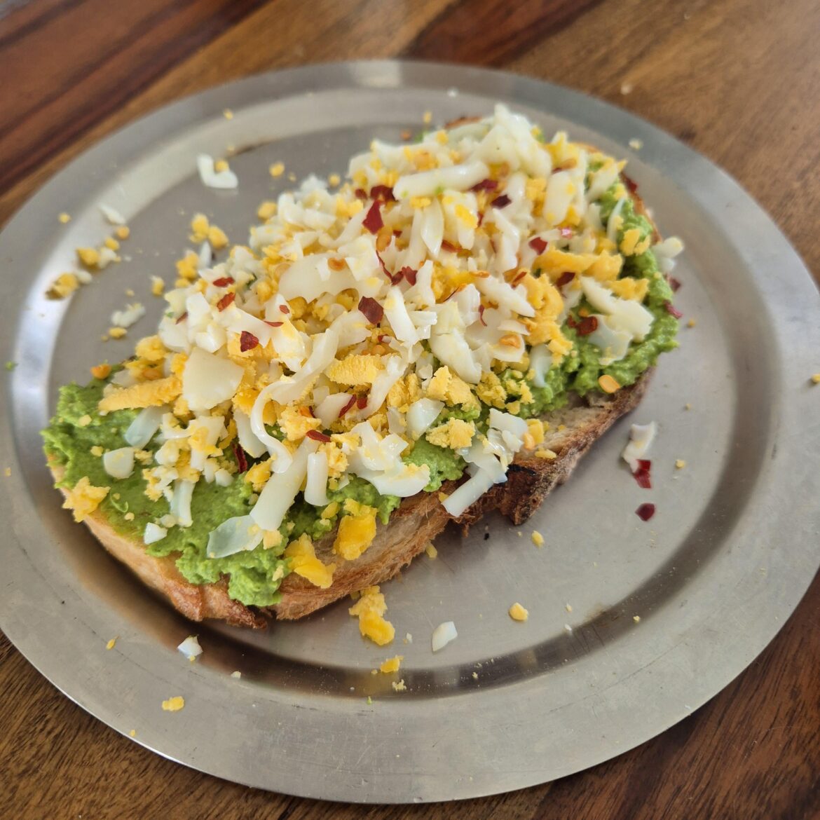 Sourdough toast, herby pea cream cheese spead, grated egg