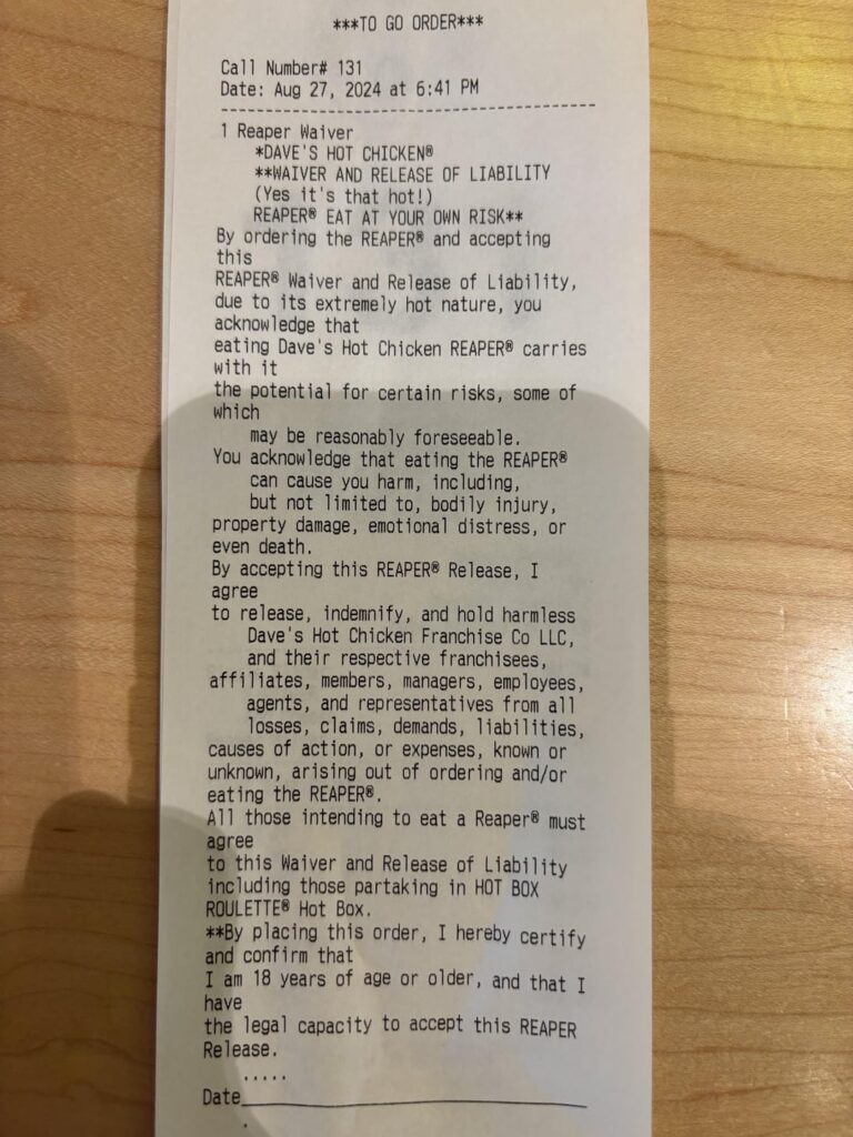 Had to sign a waiver for Dave’s Hot Chicken’s Reaper spice level