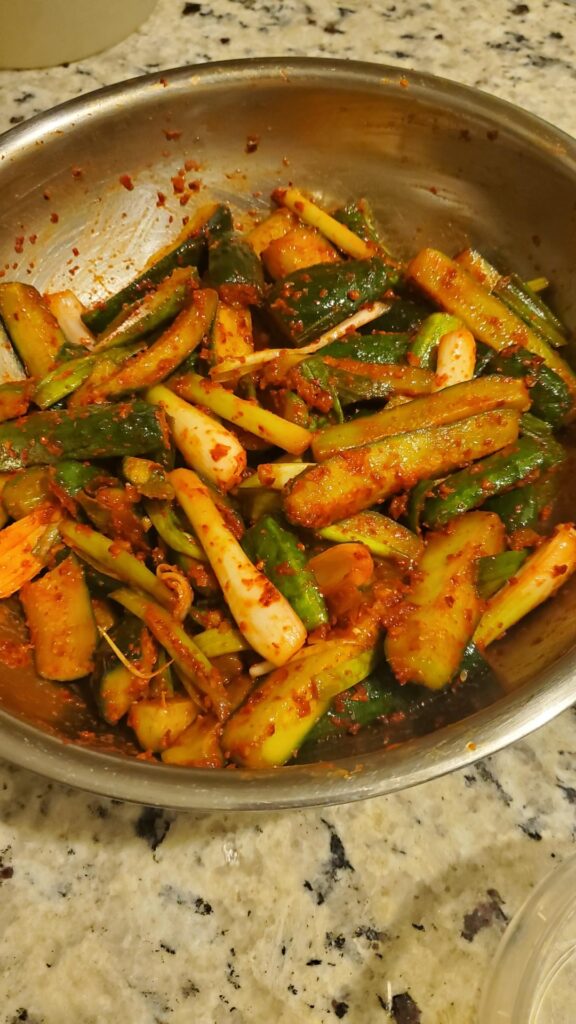 I grew pickling cucumbers and had enough to make a batch of cucumber kimchi.