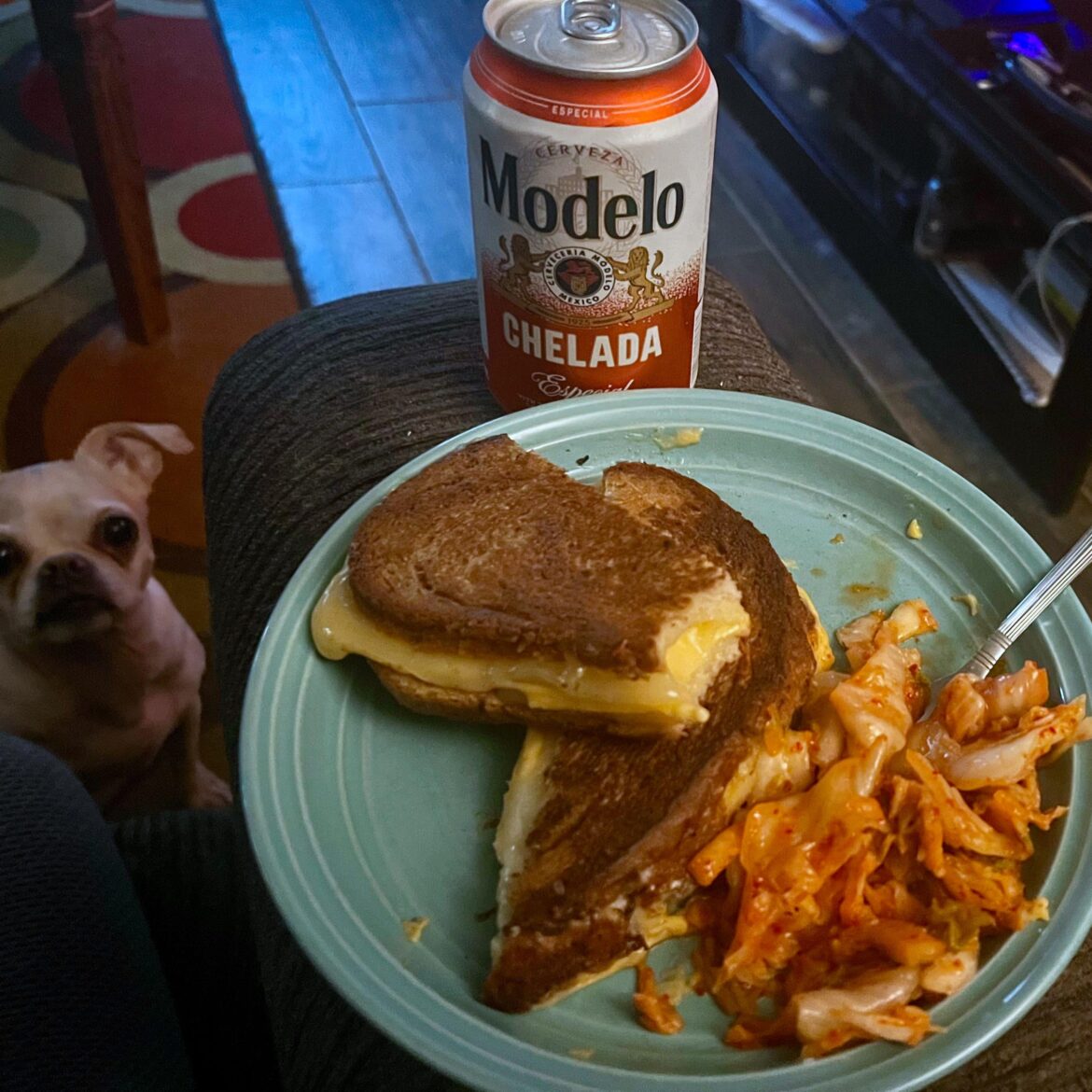 Havarti, Pepper Jack, and American Grilled Cheese with a side of Kim Chi.