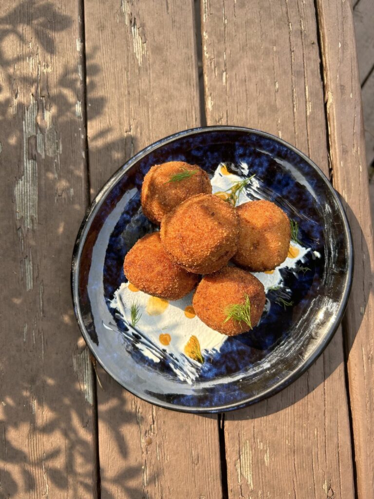 Smoked chicken croquettes, labneh, chili oil, dill