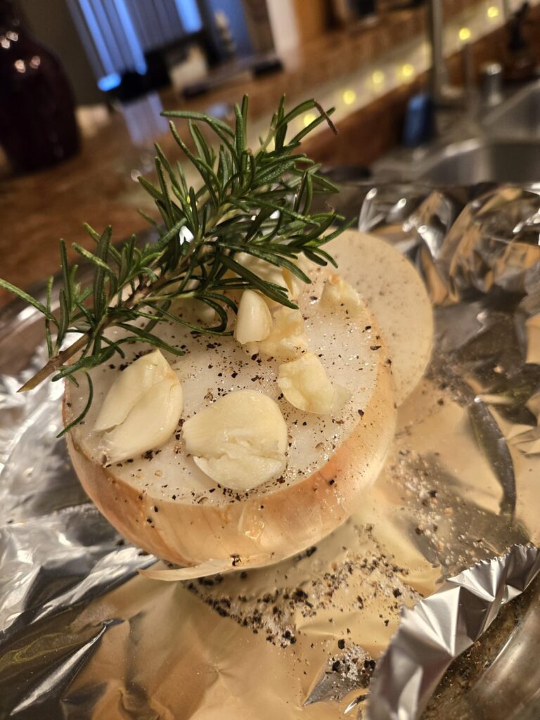 My pictures are crap, but I ate a delicious baked vidialia onion for lunch