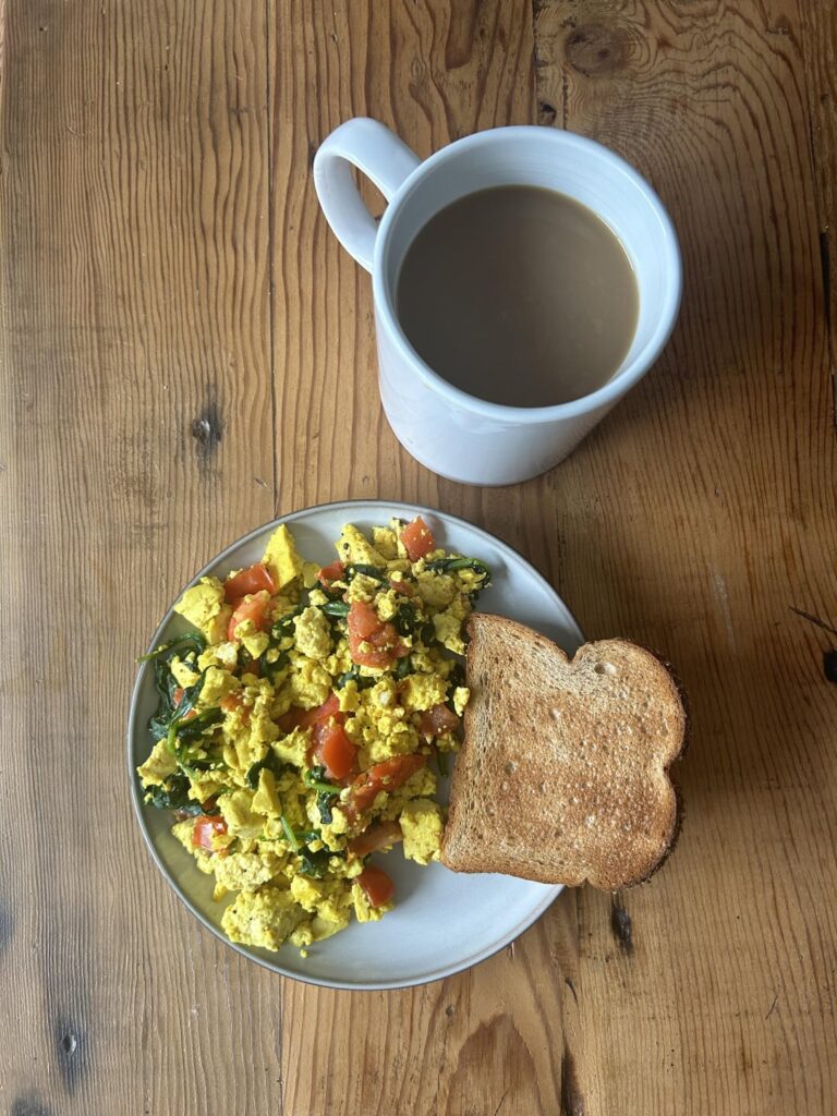 Tofu scramble, toast, and coffee with soy milk for breakfast (366 calories)