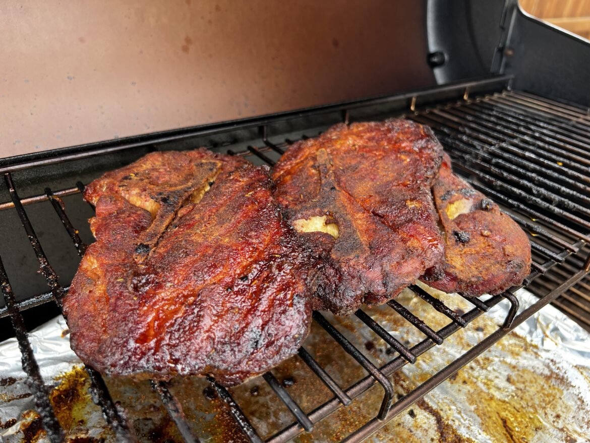 Smoked pork shoulder steaks