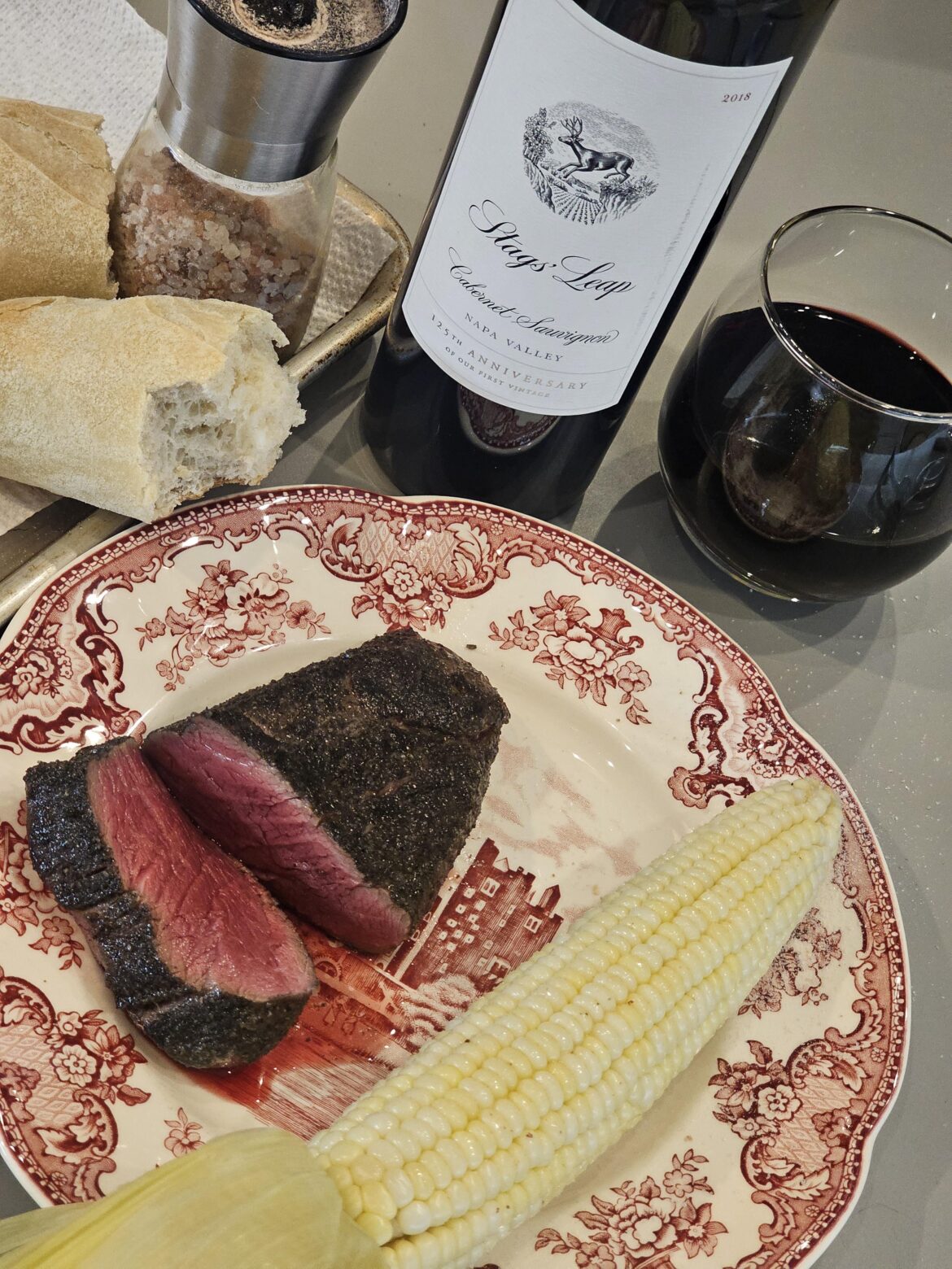 Freezer to perfect chateaubriand in an hour. Unexpected night home alone turns into a win. Local corn (sous vide then roasted) and a free bottle of decent Cabernet rounds it out. 117 for an hour, then broiled in cast iron 1 minute a side. Freezer to perfect chateaubriand in an hour. Unexpected night home alone turns into a win. Local corn (sous vide then roasted) and a free bottle of decent Cabernet rounds it out. 117 for an hour, then broiled in cast iron 1 minute a side.