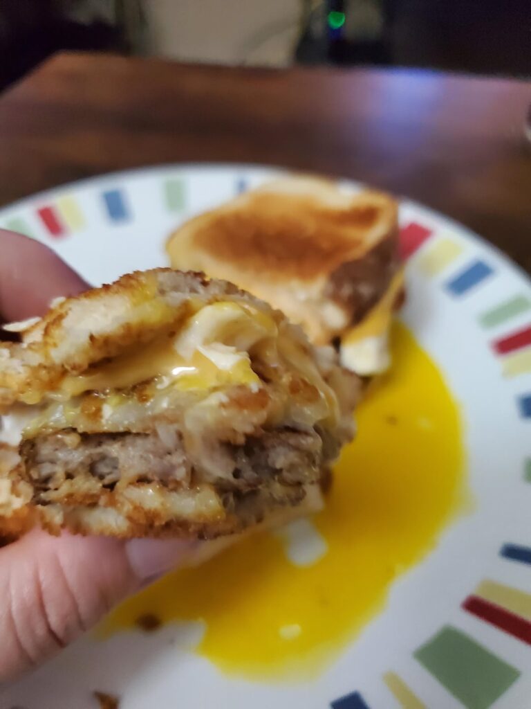 Sausage, egg, cheese and hashbrown sandwich