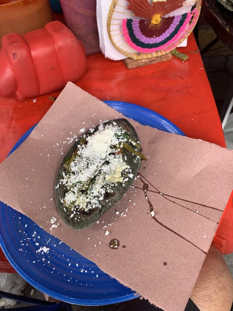 Tlacoyos outside of a market in Coyoacan in Mexico City