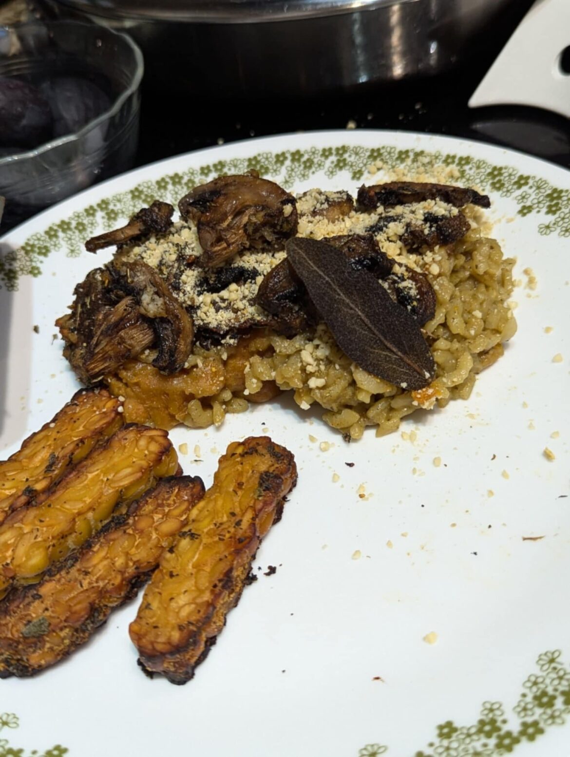 Baked Sage Tempeh with Baked Mushrooms and Instant Pot Sweet Potato Risotto