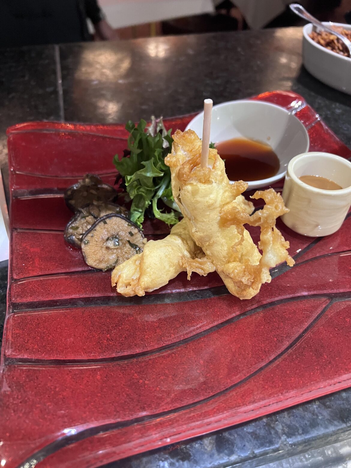 Lobster tempura, with sesame/soy/ginger shiitakes