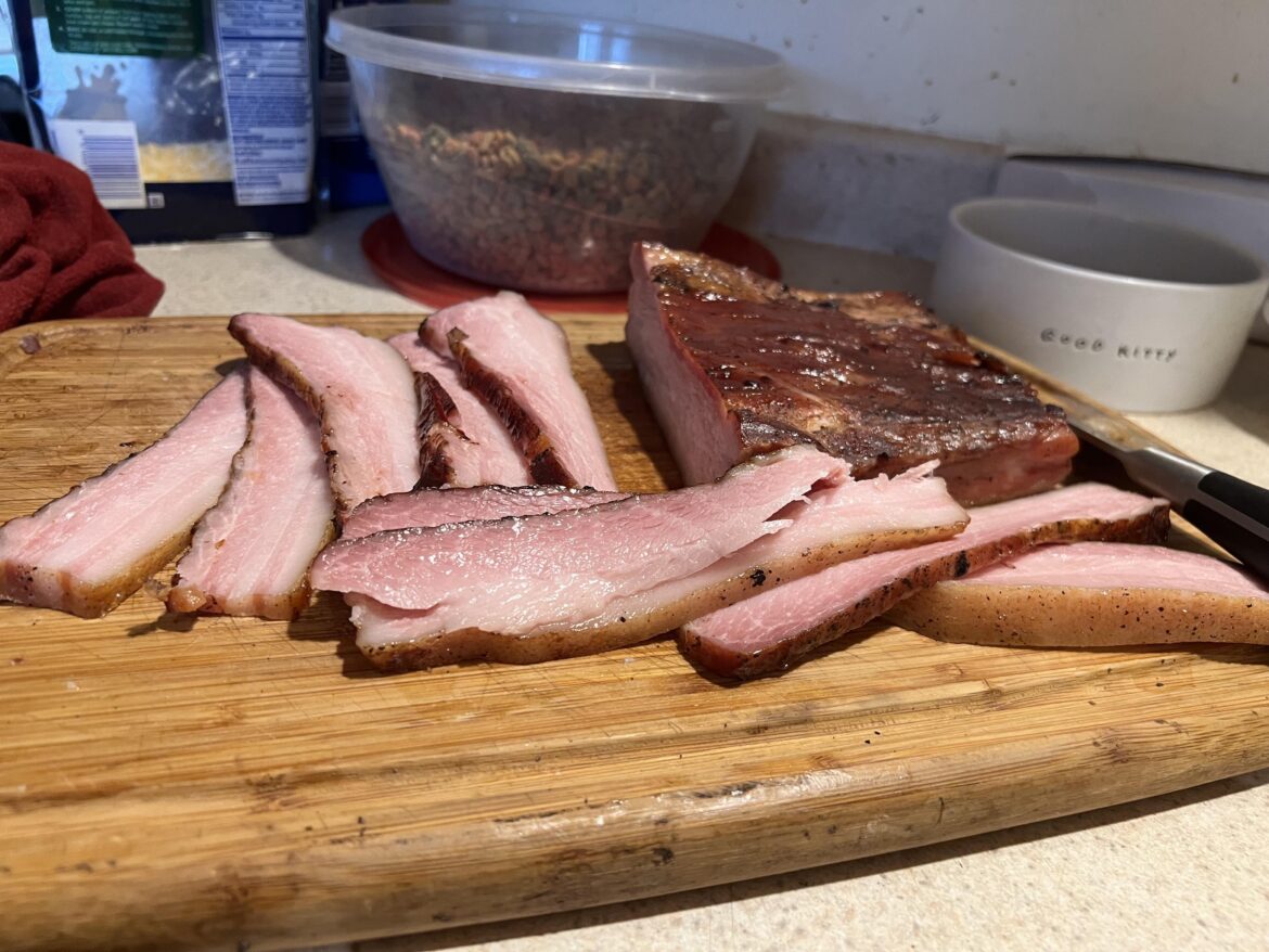 Smoked pork belly. Home made bacon.