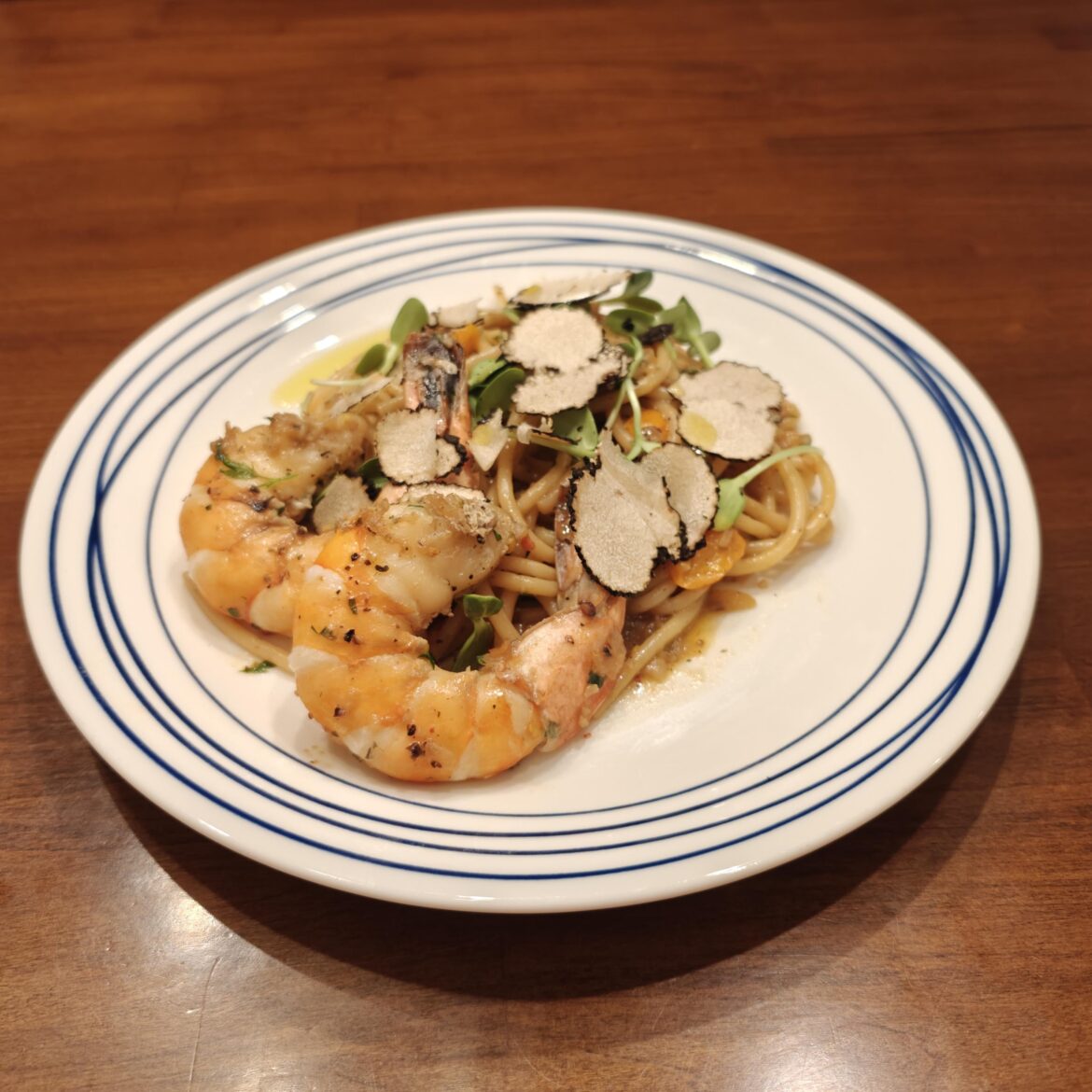 Bucatini Pasta with Giant Tiger Shrimps and Burgandy Truffle