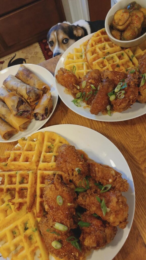 Gochujang garlic chicken with green onion and cheddar waffles