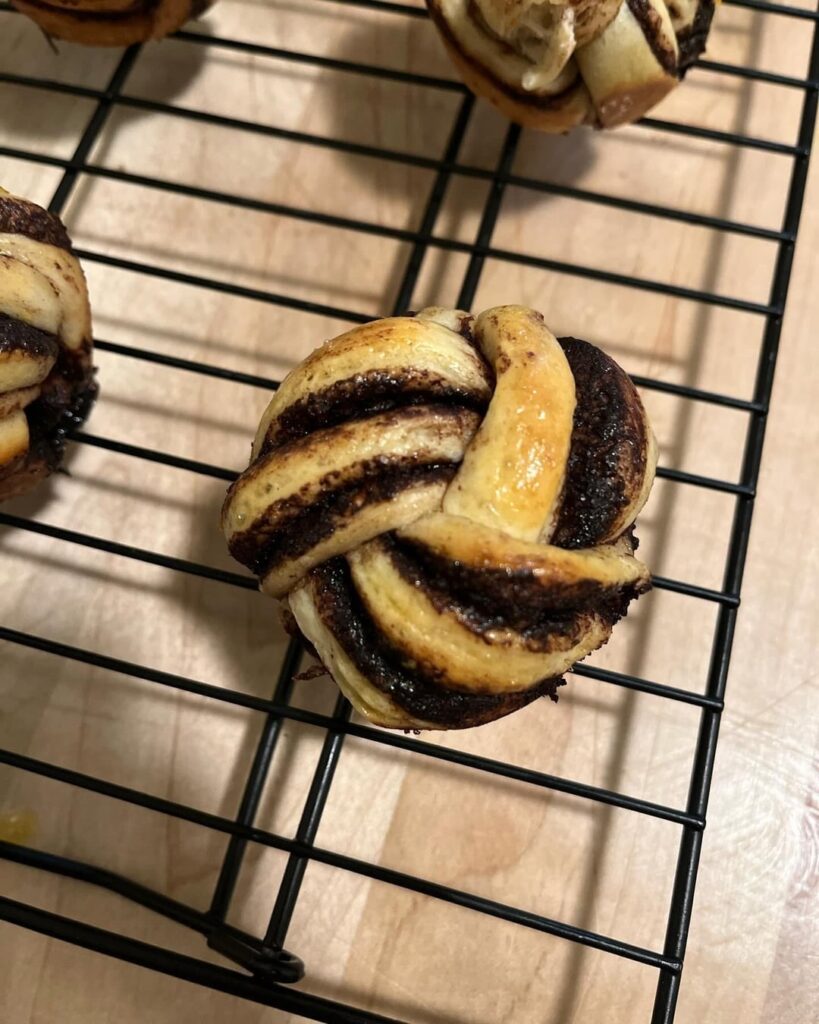 Spiced chocolate orange knots. Orange zest, cocoa, cinnamon and cloves. Tastes like the holidays.
