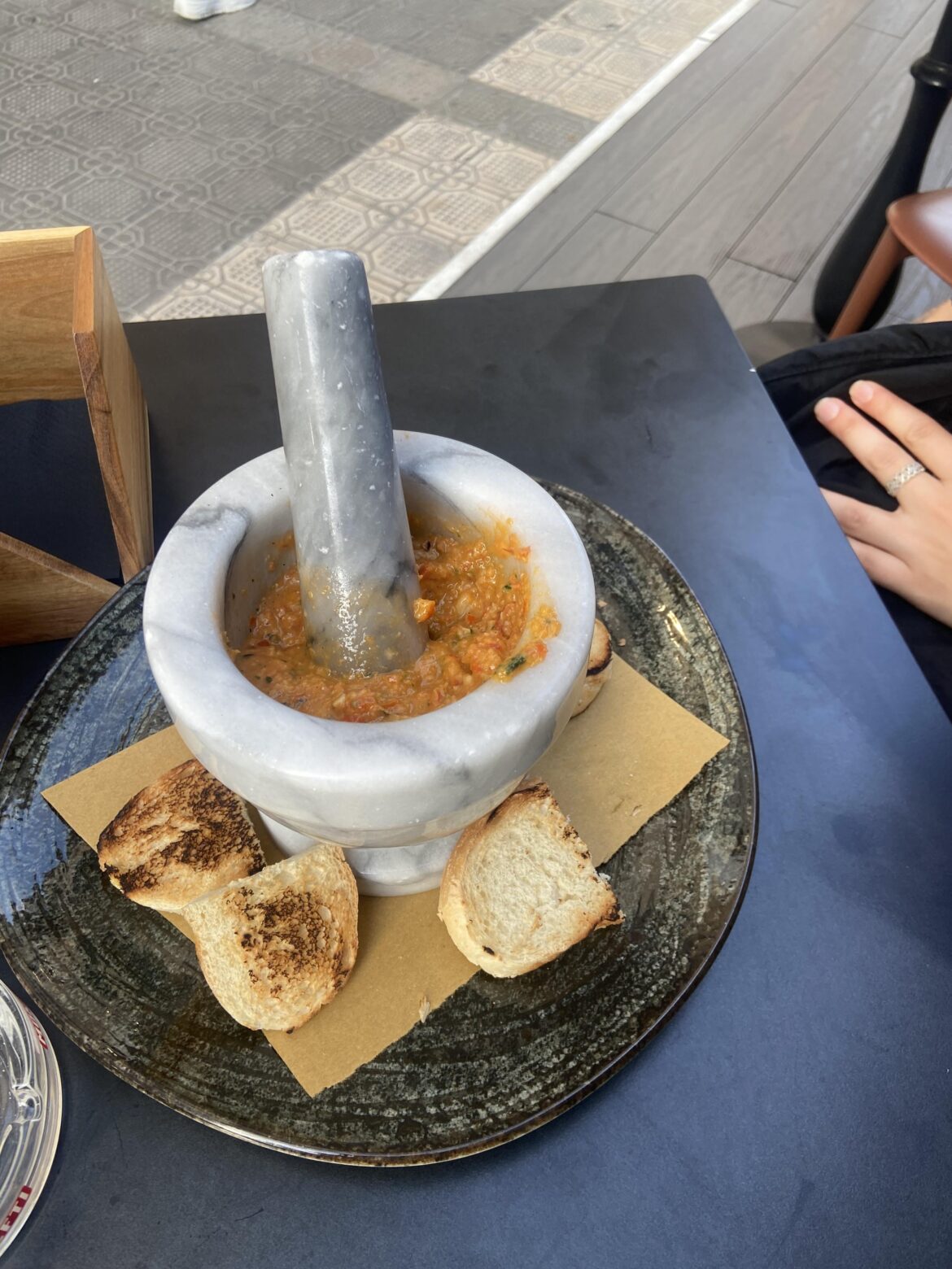 Bruschetta in a mortar.
