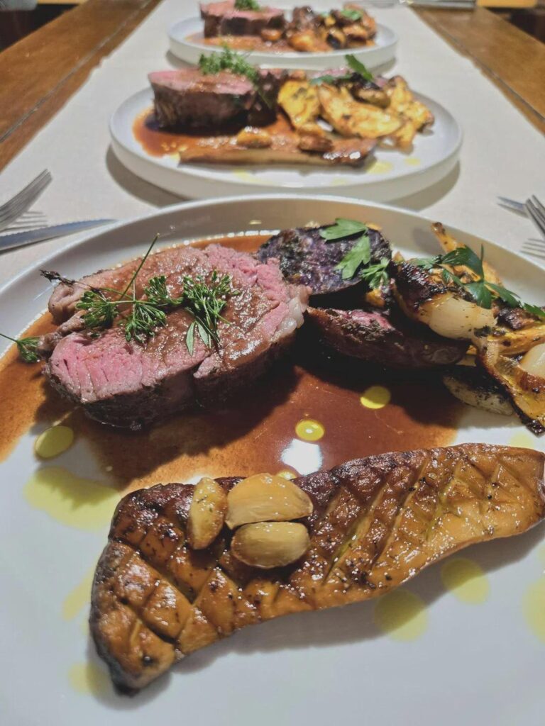 leg lamb roast with fingerling potatoes and king oyster mushroom