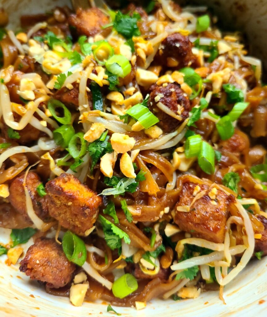 Vegan Pad Thai from Costco with crispy air fryer tofu added.