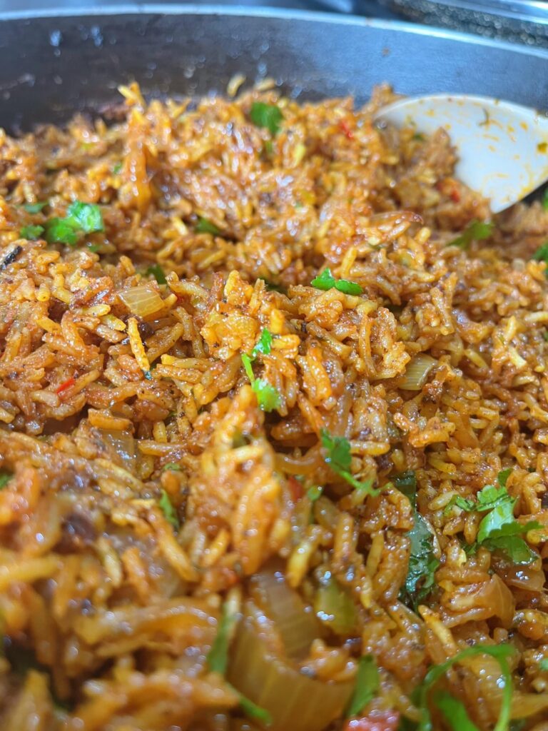 Baked ‘tikka masala’ rice with mango chicken.