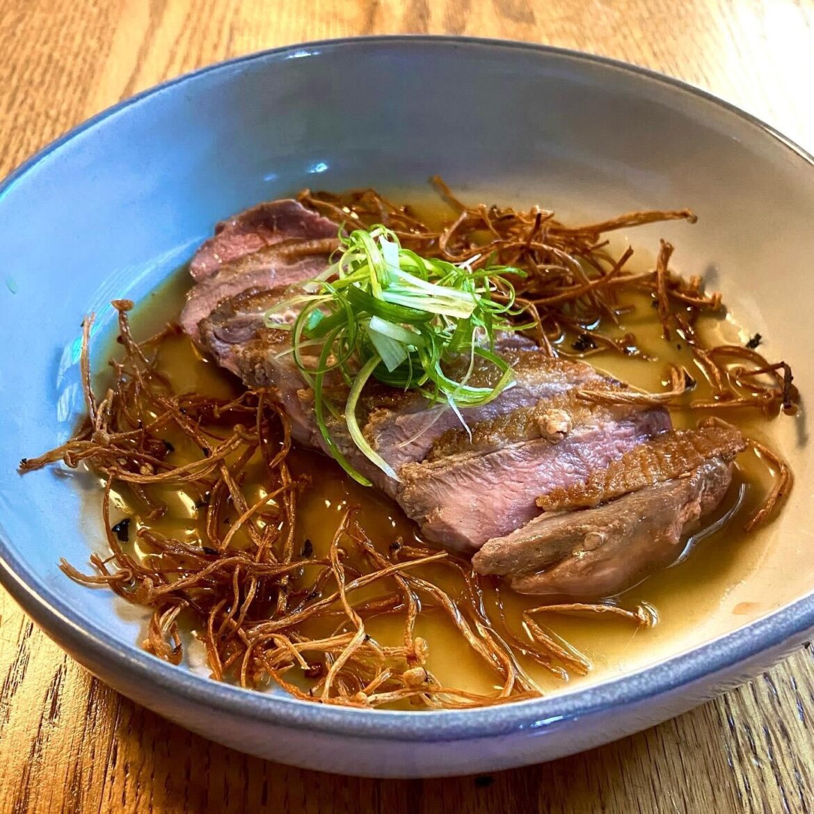 Duck breast, l’Orange sauce, fried enoki