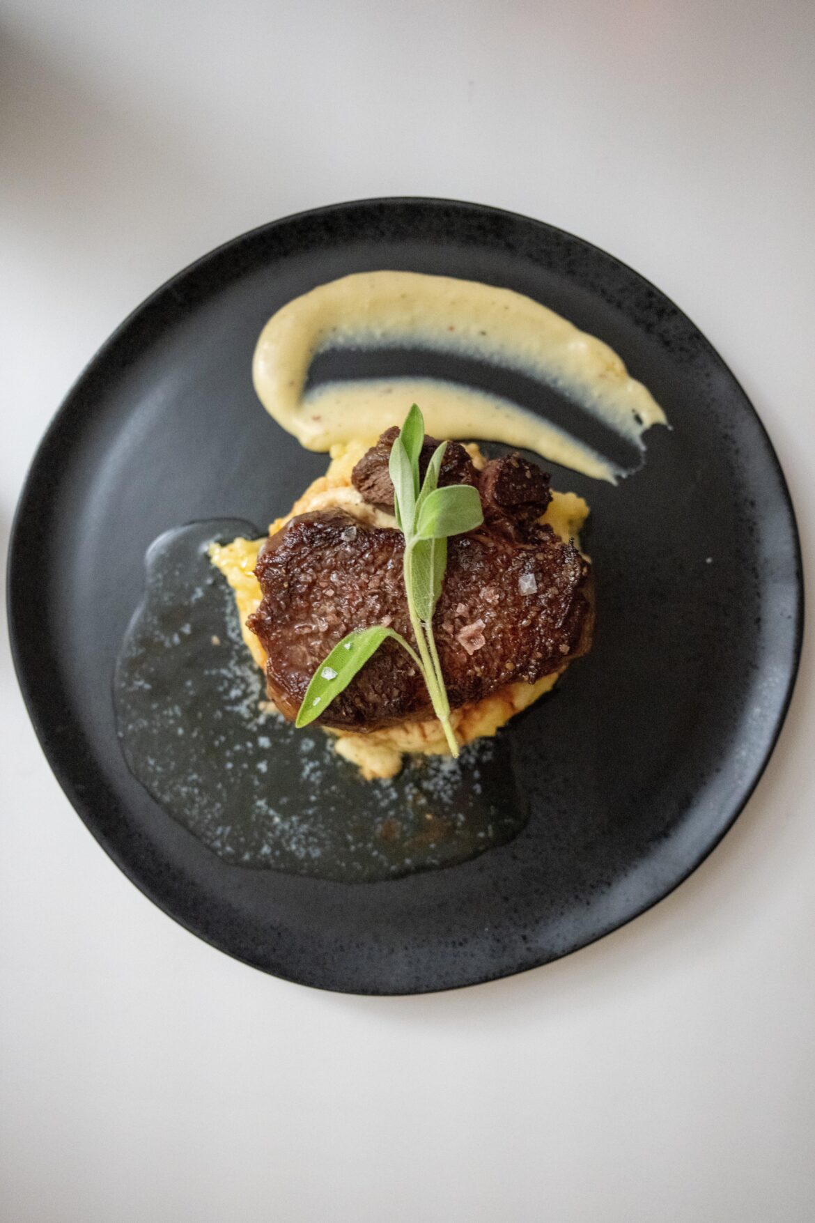 Filet Mignon, Mashed Yukon Gold Potatoes, Lemon Sage Béchamel and Sage Brown Butter