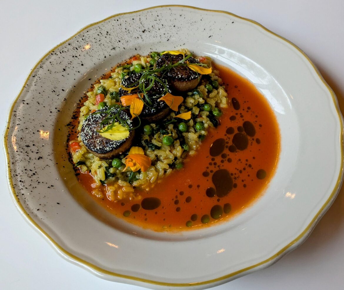 Braised Daikon Radish, Saffron Risotto, Tomato-Sherry Broth