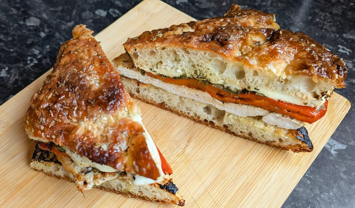 Chicken, red pepper, salsa verde, mozzarella and the good olive oil on homemade focaccia