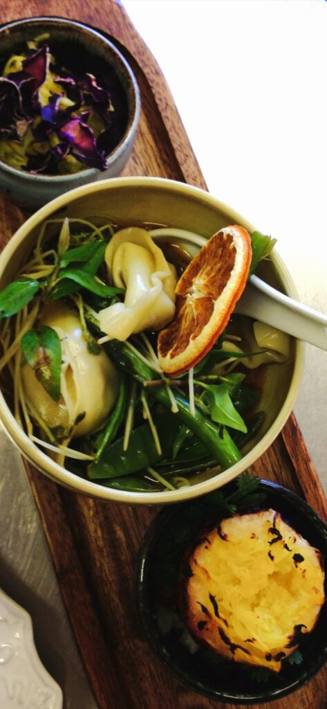 Pork dumplings with kumera and Valencia orange