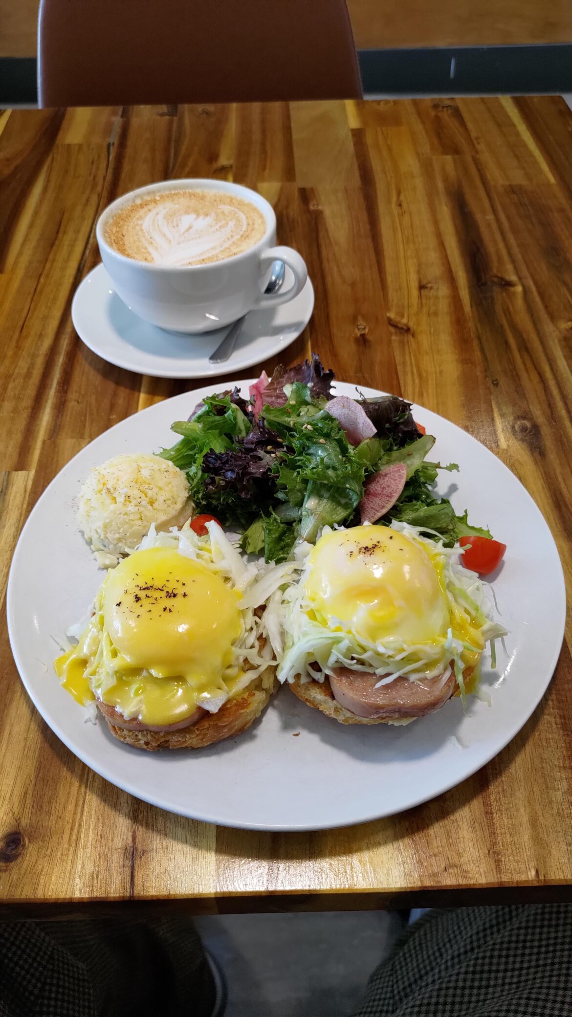 Yuzu Benedict with Spam and a kinako Soy latte from Scenic Coffee on Gerrard.
