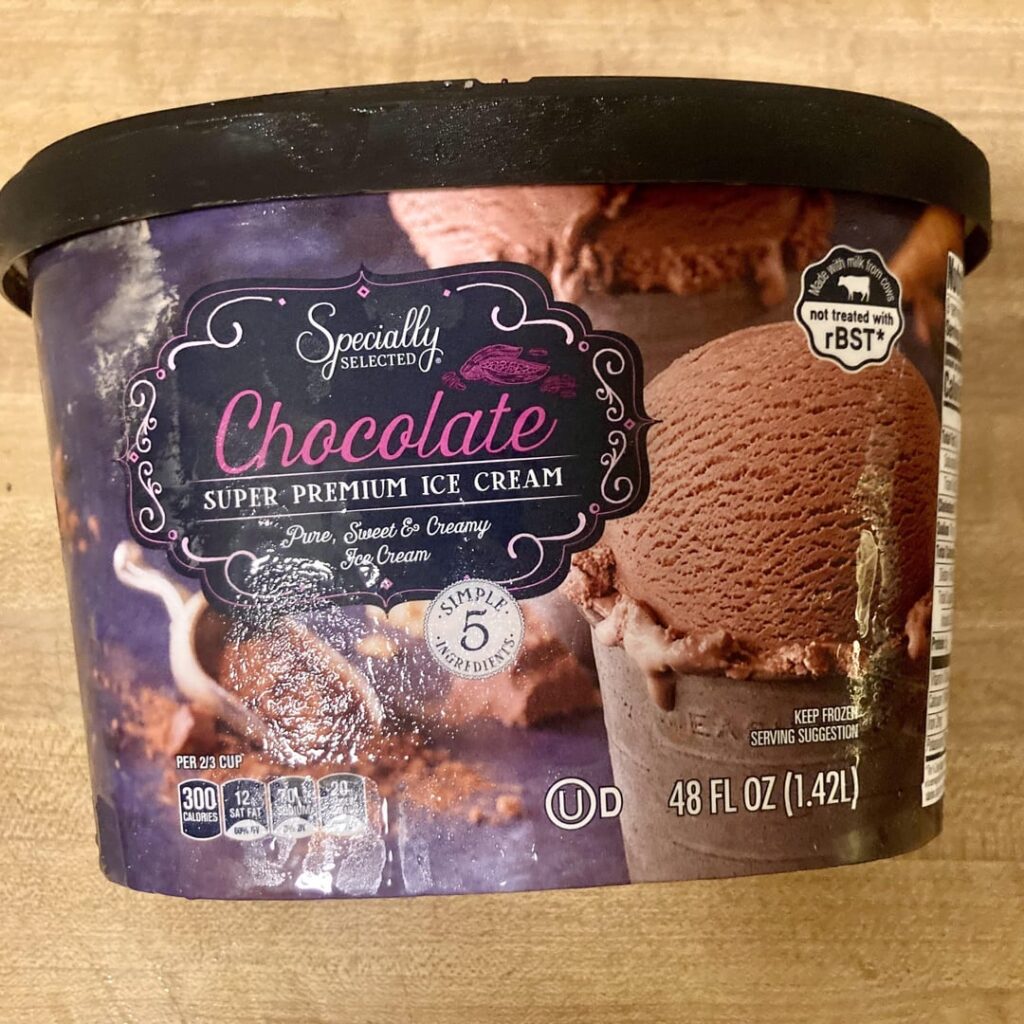 Aldi Specially Selected Chocolate Ice Cream! “Super premium”—a lot like Haagen Dazs Chocolate! Only five ingredients