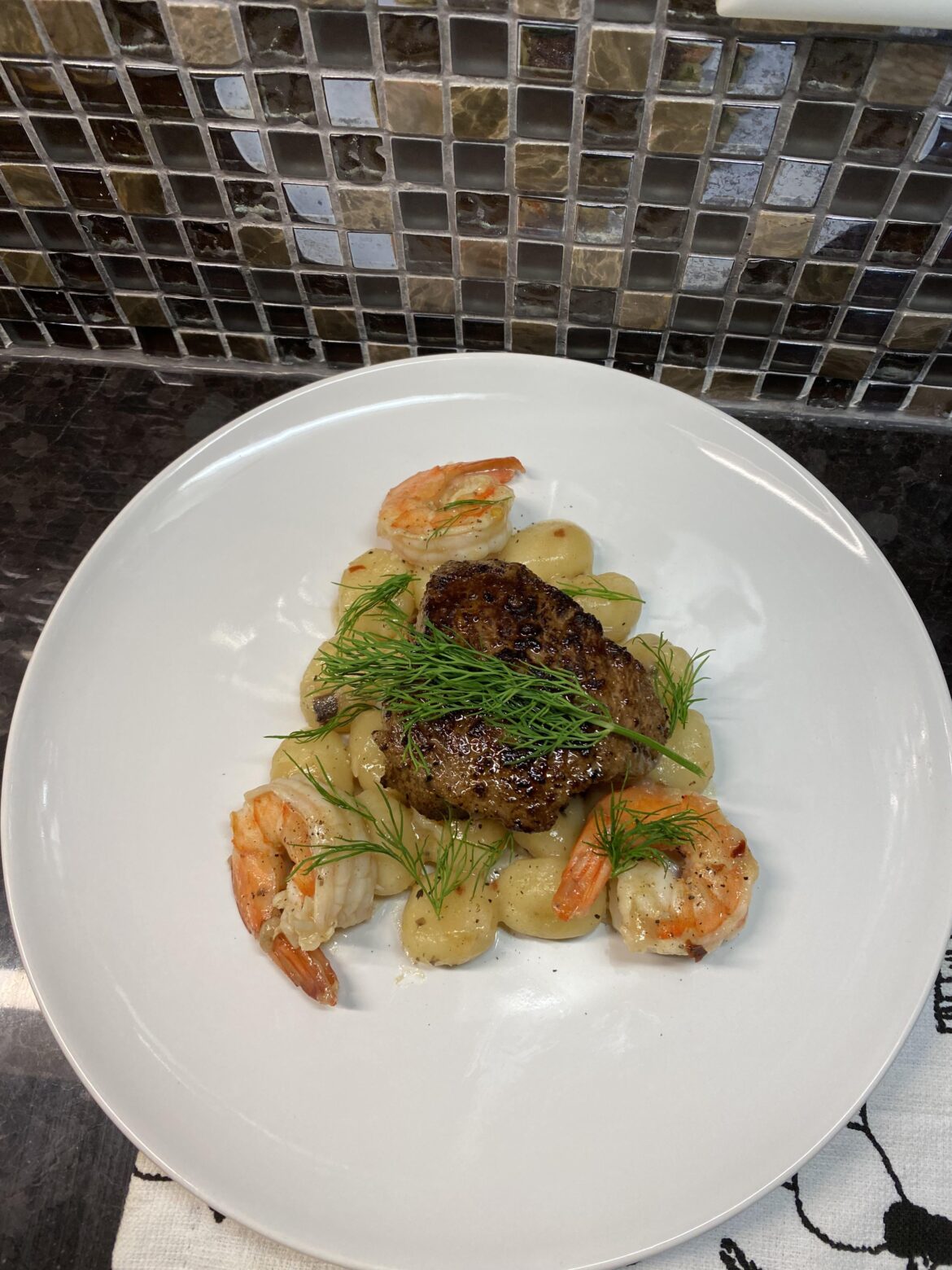 Steak, Shrimp, and Fried Gnocchi