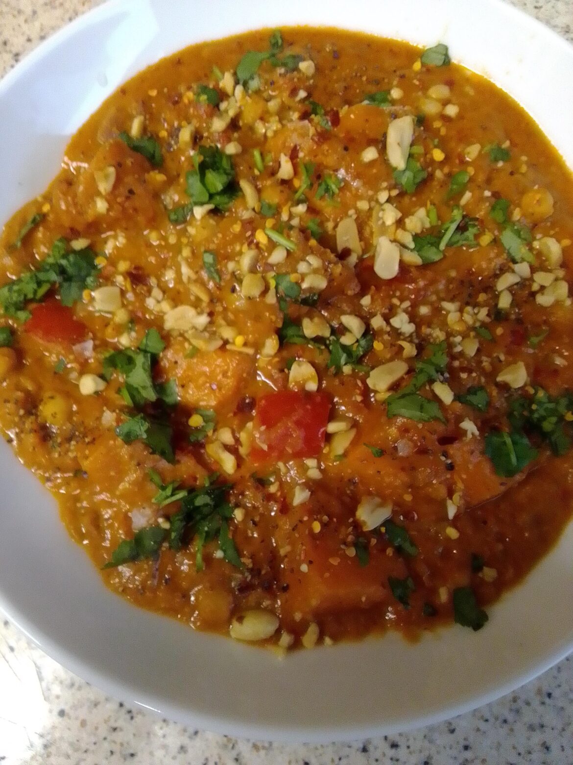 Spiced Sweet Potato and Peanut butter Stew. Recipe looked interesting & was actually really tasty. Happens to be vegan too.