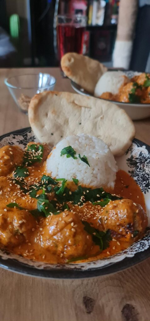 Thai red curry with chicken meatballs.