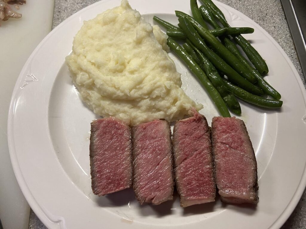 Rib-eye, 134 for 2 1/2 hours.  Seared in tallow, served with garlic mash and fresh from the garden green beans.