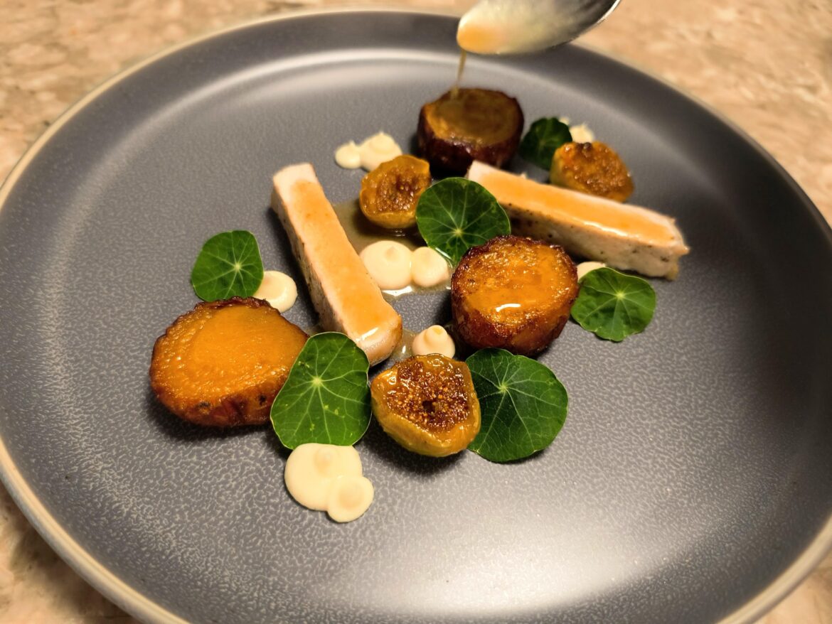 Pork chop, roast beets, caramelized figs, parsnip puree, jus, naturtiums