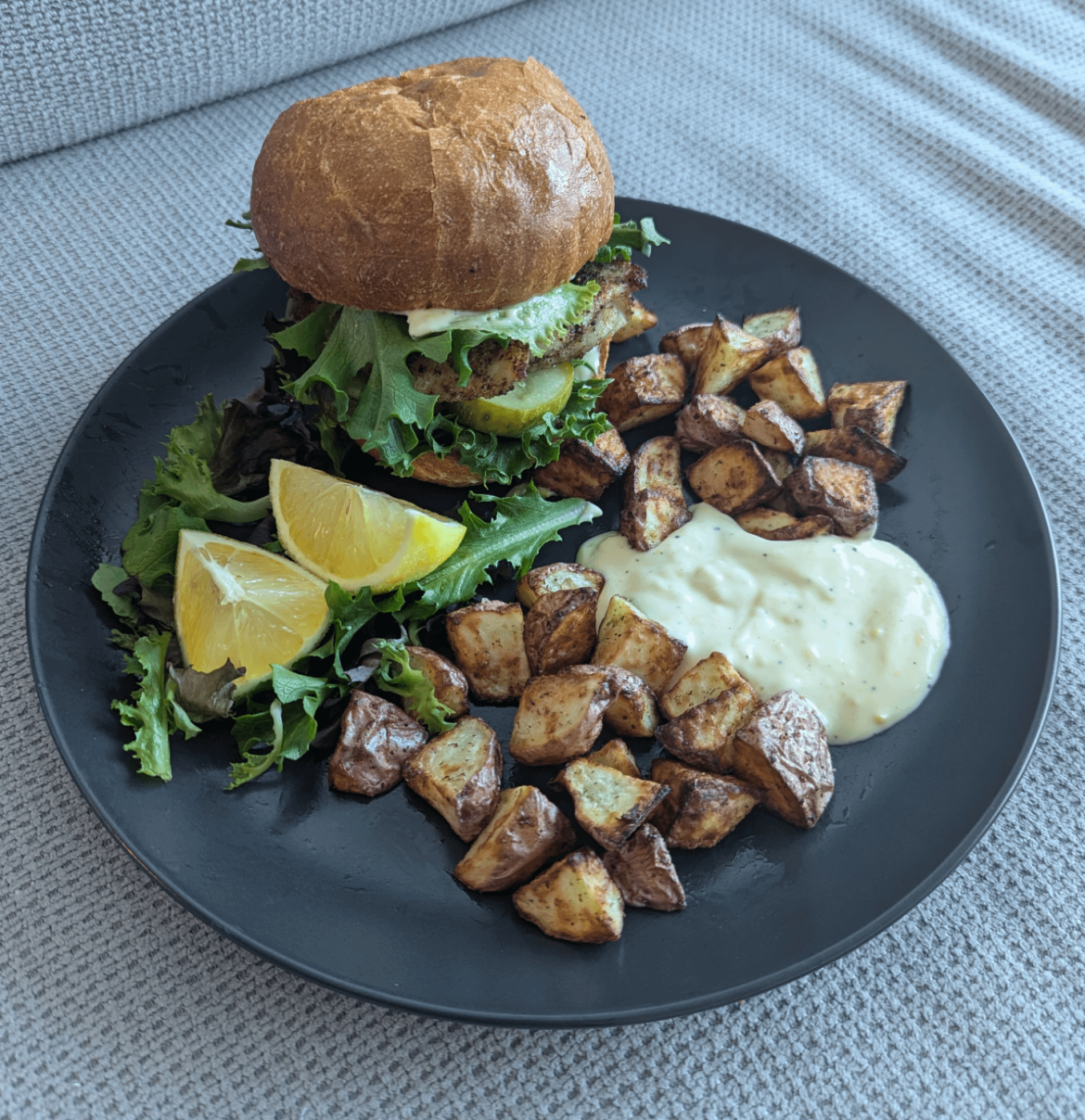 Pan-Seared Fish Sandwich with Roasted Potatoes and Lemony Dip