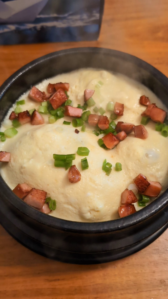 First time making gyeran-jjim! What a delicious way to start the day (couldn't resist and fried up a bit of sausage as a topping too)