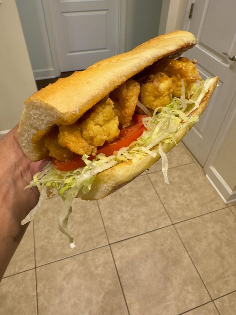 Fried, fresh gulf shrimp Po Boy start to finish